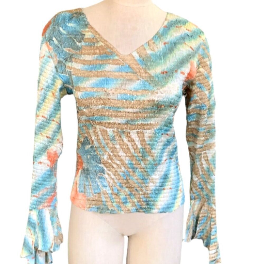 Alberto Makali Top Smocked Bell‎ Sleeve Sequined V-Neck Sz L #351i